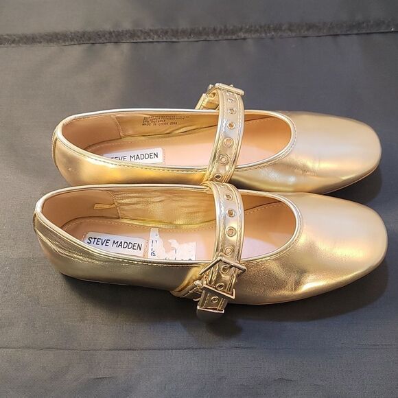 BRAND NEW STEVE MADDEN BALLET WITH STRAP CHIC GOLD MARY JANE - Picture 12 of 13